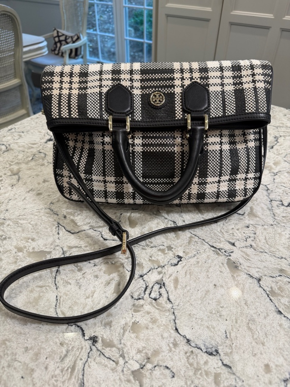Tory Burch Woven Robinson Foldover Messenger in Black and White Plaid